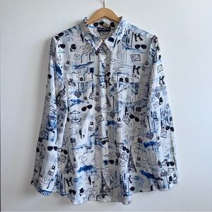 Karl Lagerfeld Paris Parisian Print Button Down Shirt Women’s Size Large Artsy